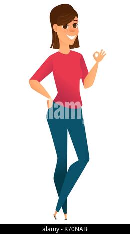 Caractère stylisé. Femme d'affaires moderne montrant ok sign et souriant. Businesswoman personnage. Freelancer. Vector illustration Illustration de Vecteur