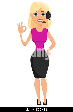 Personnage de femme d'affaires. Cute blonde businesswoman with headset montrant ok geste. Vector illustration sur fond blanc. Illustration de Vecteur