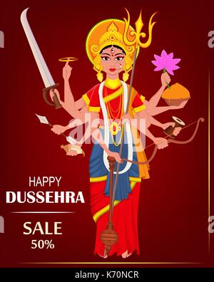 Happy Dussehra vector illustration pour la vente, le shopping. Durga Maa sur fond rouge foncé pour Fête hindoue. Illustration de Vecteur