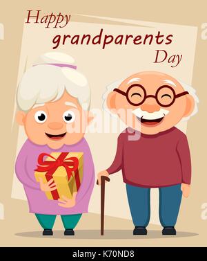 Journée des grands-parents carte de vœux. Grand-mère et grand-père debout ensemble. Avec papi et mamie canne avec boîte-cadeau. Vector illustration Illustration de Vecteur