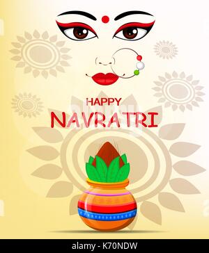 Navratri heureux vector illustration. Le contour du visage et Durga Maa pot avec noix de coco sur fond abstrait pour Fête hindoue. Illustration de Vecteur