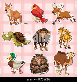 Sticker design avec différents types d'animaux illustration Illustration de Vecteur