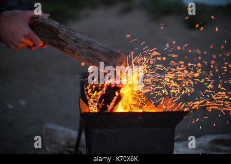 Le feu sur une plage, nous avons un reste, nous frire un shish kebab Banque D'Images