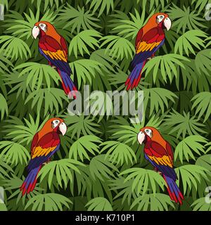 Modèle sans couture, un paysage tropical, colorées perroquets sur les feuilles vertes des plantes exotiques, la tuile fond. vector Illustration de Vecteur