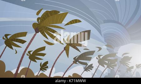 Tornade tourbillonnante dans ciel de palmiers tropicaux ouragan tempête de vent énorme catastrophe naturelle concept Illustration de Vecteur