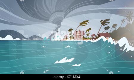 Les tornades de sea hurricane dans d'énormes vagues de l'océan sur des maisons sur la côte des catastrophes naturelles tropicales concept Illustration de Vecteur