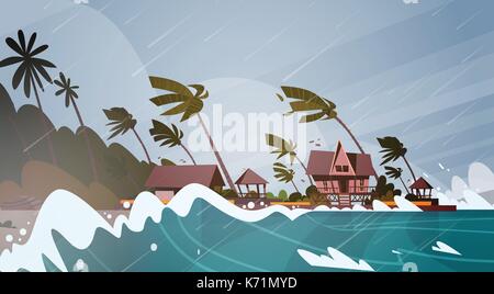 Les tornades de sea hurricane dans d'énormes vagues de l'océan sur des maisons sur la côte des catastrophes naturelles tropicales concept Illustration de Vecteur