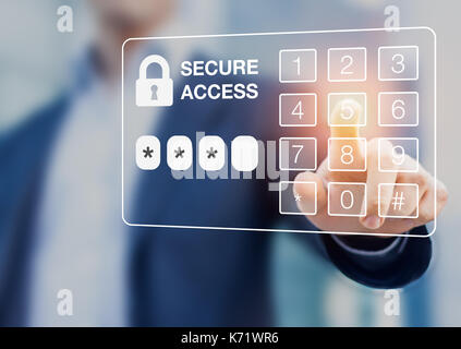 Personne composant le mot de passe sur un clavier numérique l'écran virtuel, un accès sécurisé, la sécurité Banque D'Images