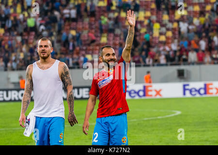 14 septembre 2017 : Denis alibec # 7 (FCSB) Bucarest et morais junior # 12 (FCSB) Bucarest après l'UEFA Champions League 2017-2018, play-offs 2ème jeu de jambe entre fcsb Bucarest (ROU) et le Sporting Clube de Portugal Lisbonne (por) au stade national, Bucarest, Roumanie rou. foto : Cronos/catalin soare Banque D'Images