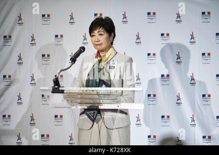 Yuriko Koike à ambassade de France le 14 septembre 2017 : Yuriko Koike, gouverneur de Tokyo livre un discours à l'ambassade de France pendant un événement sportif français avec les entreprises d'affaires à Tokyo le 14 septembre 2017. Le 13 septembre, le CIO a annoncé paris victorieux des jeux olympiques de 2024. crédit : nicolas datiche/aflo/Alamy live news Banque D'Images