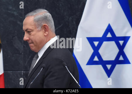 La ville de Mexico, Mexique. 14Th Sep 2017. Le Premier ministre israélien Benjamin Netanyahu vu au cours de la conférence de presse à la résidence présidentielle de Los Pinos. Credit : SOPA/Alamy Images Limited Live News Banque D'Images