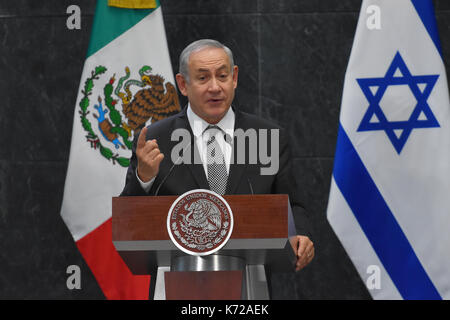 La ville de Mexico, Mexique. 14Th Sep 2017. Le Premier ministre israélien Benjamin Netanyahu vu au cours de la conférence de presse à la résidence présidentielle de Los Pinos. Credit : SOPA/Alamy Images Limited Live News Banque D'Images