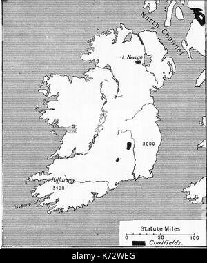 1914 Une carte montrant les bassins miniers en Irlande Banque D'Images