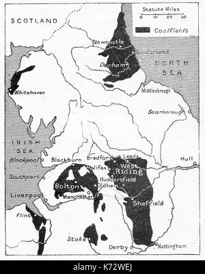 1914 Une carte montrant les bassins miniers du Nord de l'Angleterre Banque D'Images