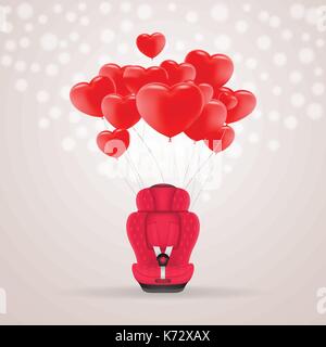 Siège d'auto pour enfant rouge avec red baloons en forme de coeur isolé sur un arrière-plan. vector illustration. Illustration de Vecteur