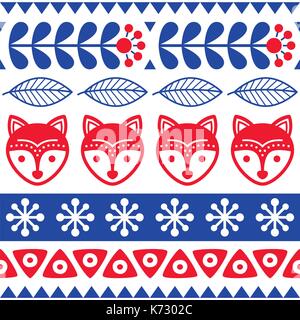 Seamless vector art folk Scandinave - motif floral design finlandais avec des renards , style nordique Illustration de Vecteur