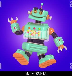 Petit robot android 3d illustration avec les yeux verts. personnage original. Banque D'Images