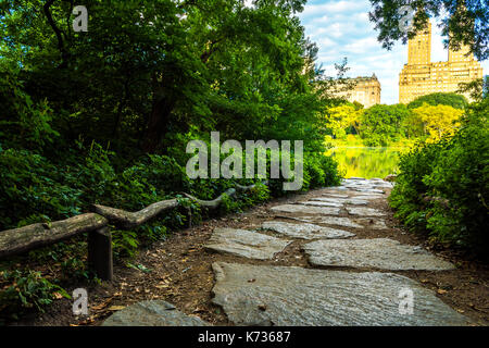 Joli chemin dans Central Park. les branches d'arbres formant l'entrée en forme de coeur pour le lac. Banque D'Images