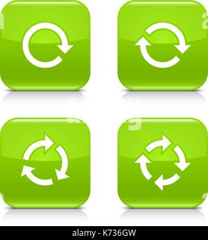 L'icône de flèche 4. blanc rotation, répéter, actualiser, rechargez signe. set 02. bouton carré arrondi vert gris avec reflet, ombre noire sur fond blanc Illustration de Vecteur