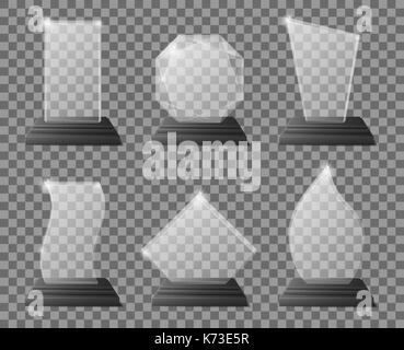 Trophées transparent en verre avec support en verre clair foncé. Les certificats de récompense, de l'équipe objectifs trophées cristal stock vector. Illustration de Vecteur