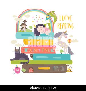 Concept de conte avec unicorn,livre,dragon,princesse et château médiéval Illustration de Vecteur