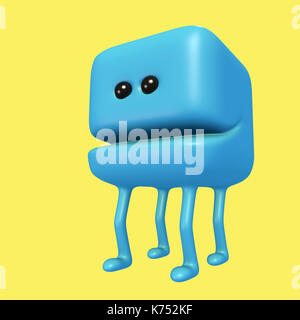 Cartoon monster smiling cube bleu sur les jambes. 3d illustration. funny cute émoticone personnage. Banque D'Images