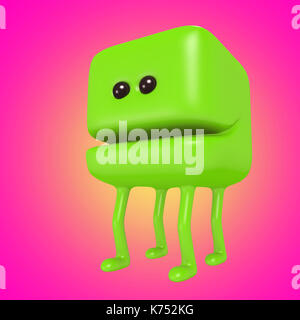 Funny monster smiling green cube sur jambes. cute émoticone personnage. 3d illustration. Banque D'Images