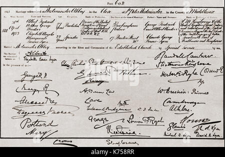 Le certificat de mariage du duc et de la Duchesse de York, 1923, dont entre autres les signatures de George V, la Reine Alexandra, M. Bonar Law, la Princesse Victoria et la princesse Louise. Le Prince Albert, duc d'York, futur George VI, 1895 - 1952. Roi du Royaume-Uni et des Dominions du Commonwealth britannique. La duchesse d'York, future reine Elizabeth, la Reine Mère. Elizabeth Angela Marguerite Bowes-Lyon, 1900 - 2002. Épouse du roi George VI et mère de la reine Elizabeth II du livre de couronnement du roi George VI et La Reine Elizabeth, publié 1937. Banque D'Images