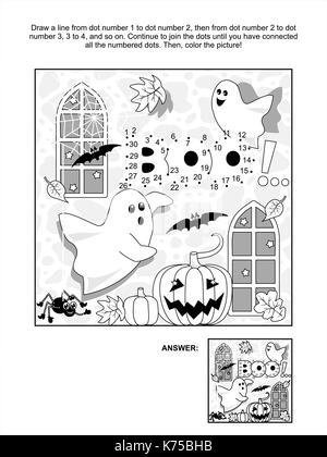 Thème de l'halloween relier les points photo puzzle et coloriage avec peu de fantômes espiègles, chauve-souris, citrouilles, etc. réponse inclus. Illustration de Vecteur