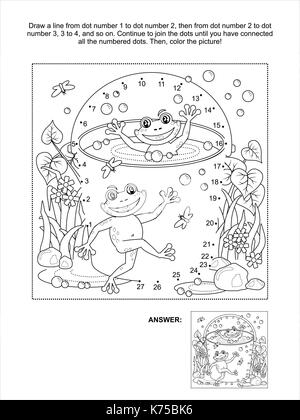 Relier les points photo puzzle et coloriage avec plaisir les grenouilles, seau plein d'eau, des bulles, des flaques, herbe, fleurs, insectes Illustration de Vecteur