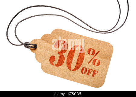 La remise de 30  % - une étiquette de prix du papier avec ficelle isolated on white Banque D'Images