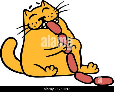 Orange, un chat mange des saucisses. funny cartoon cool. caractère freehand contour dessin numérique chat mignon. blanc couleur arrière-plan. cheerful pet pour web icons Illustration de Vecteur