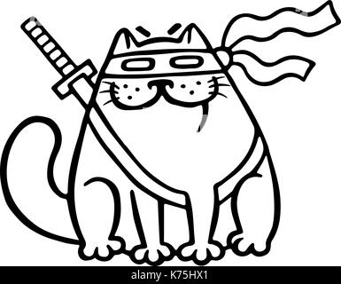 Fat ninja cat dans un masque et une épée derrière lui. funny cartoon cool caractère. vector illustration isolé. blanc fond couleur. funny cartoon char Illustration de Vecteur