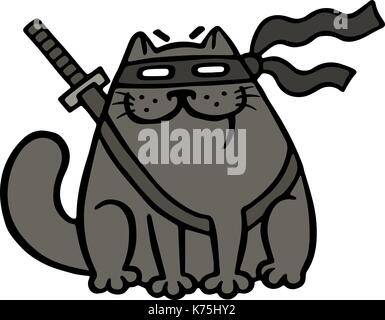 Cartoon fat ninja cat dans un masque et une épée. funny cool caractère guerrier. vector illustration isolé. Illustration de Vecteur