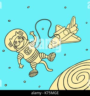 Funny cat spaceman. personnage. vector illustration numérique dessin contour à main levée.. Illustration de Vecteur