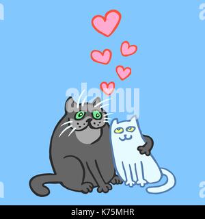 Les chats amoureux doux en gris et bleu. humeur romantique.. love digital freehand silhouette. vector illustration isolé. Illustration de Vecteur