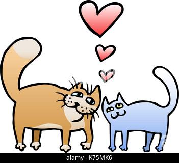 Les chats amoureux mignon en brun et bleu. humeur romantique. contour numérique à main levée. dessin illustration vectorielles. Illustration de Vecteur