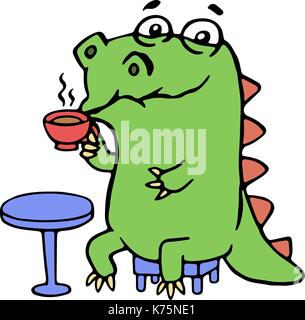 Dinosaure mignon boire du café.. vector illustration. personnage. Illustration de Vecteur