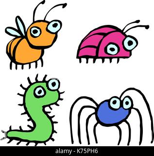 Funny cartoon insectes quelque part. vector illustration. contour dessin numérique à main levée. caractères mignon blanc couleur arrière-plan. Illustration de Vecteur