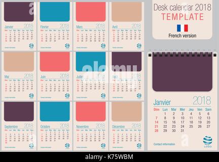 Calendrier de bureau utiles 2018 modèle dans des tons pastel, prêt pour l'impression sur imprimante laser ou à compenser. taille : 150mm x 210mm. format a5 vertical. version française Illustration de Vecteur