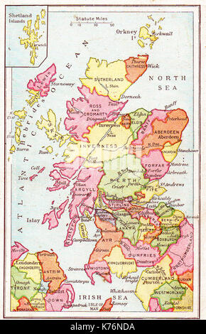 Un atlas de l'école vintage 1914 Carte des couleurs de l'Ecosse montrant counties etc. Banque D'Images