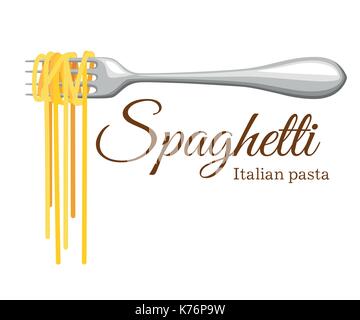 Rouleau de pâtes sur la fourche. pâtes italiennes avec silhouette de fourche fourche noir. avec des spaghetti sur le fond jaune main tenant une fourchette à spaghetti. Illustration de Vecteur