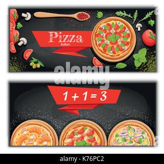 Tableau menu pizza fond de dessin animé avec des ingrédients frais vector illustration flyer pizzeria fond vecteur. deux bannières horizontales avec subst Illustration de Vecteur