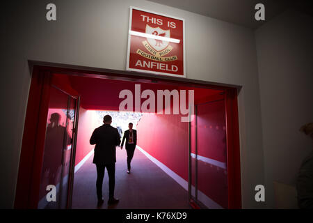 Le stade d'Anfield Liverpool FC, à Liverpool, en Angleterre, le 15 septembre 2017. Banque D'Images