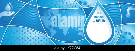 DIA MUNDIAL DEL AGUA -Journée mondiale de l'eau en langue espagnole- Bleu composition avec l'eau, carte du monde, les mains et le symbole de recyclage. Taille : 1500 x 500 Illustration de Vecteur