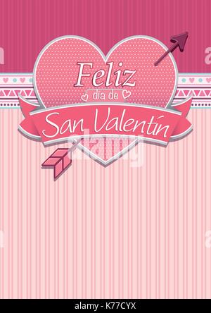 Couvercle de carte avec message : Feliz Dia de San Valentin -Happy Valentines Day en langue espagnole- sur un cœur rouge entourée de ruban rose Illustration de Vecteur