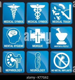 Ensemble d'icônes médicales sur fond carré bleu - SYMBOLE MÉDICAL, CORBEILLE MÉDICALE, HYGIÈNE MENTALE, MORGUE, MORTIER et PILON, NÉPHROLOGIE, NEUROLOGIE, Illustration de Vecteur