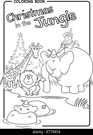 Noël dans la jungle - santa équitation un éléphant - Coloriage dessiner image vectorielle. Illustration de Vecteur
