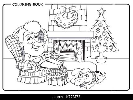L'homme se reposant dans la salle de séjour avec son chien à côté de la cheminée à bois et l'arbre de Noël - Coloriage dessiner image vectorielle. Illustration de Vecteur