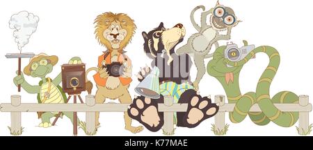 Les animaux de zoo cartoon. turtle, singe, lion et serpent ours prendre des photos. Le dessin d'animaux. image vectorielle Illustration de Vecteur